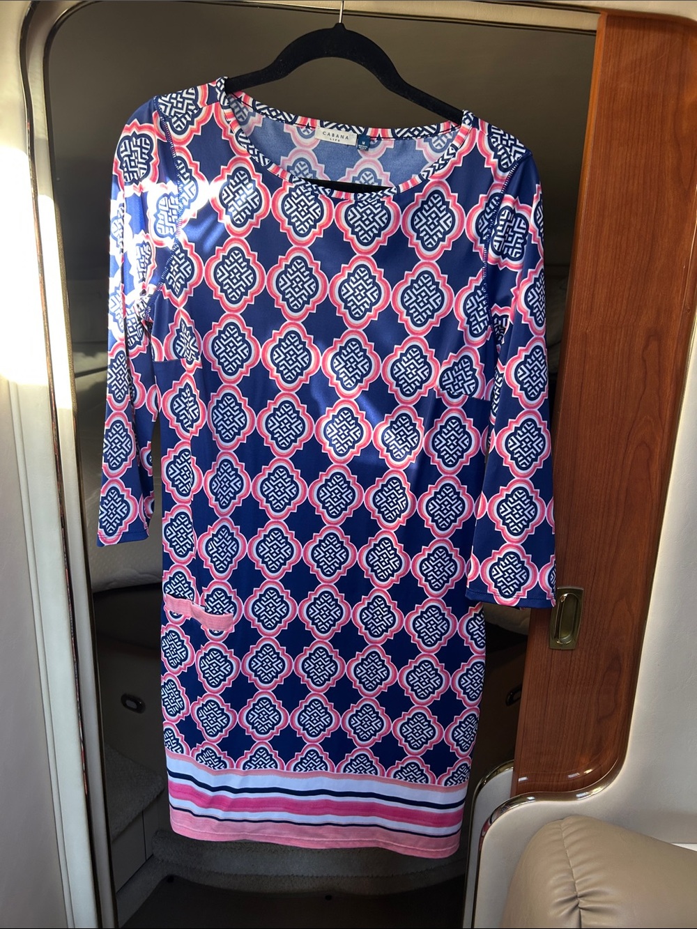 Cabana Life Navy and Pink Geometric Long Sleeve Shift Dress